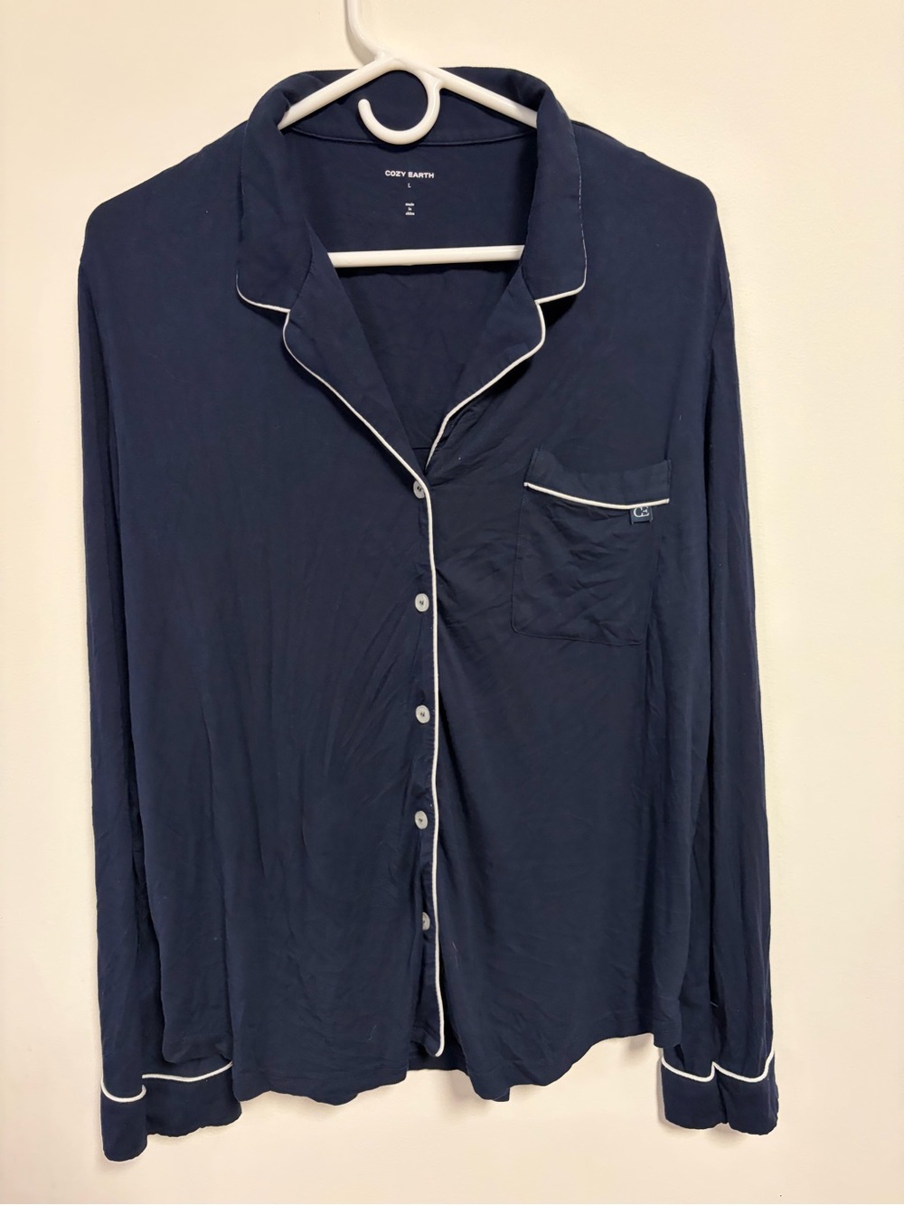 Cozy Earth Bamboo Long Sleeve Pajama Top Button Front Sleep Shirt Navy Blue Sz L